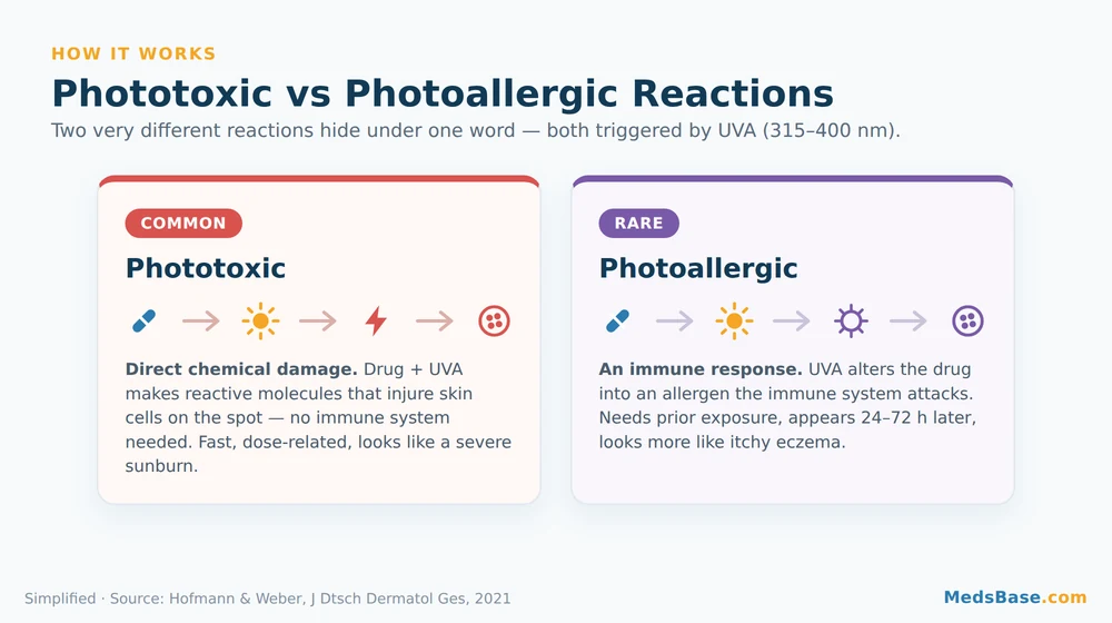 Diagram comparing phototoxic and photoallergic drug reactions in skin under UVA light