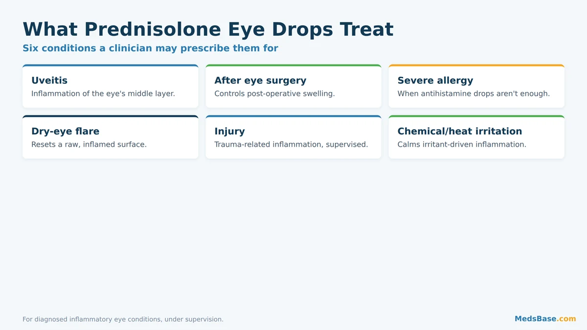 Six conditions treated with prednisolone acetate eye drops