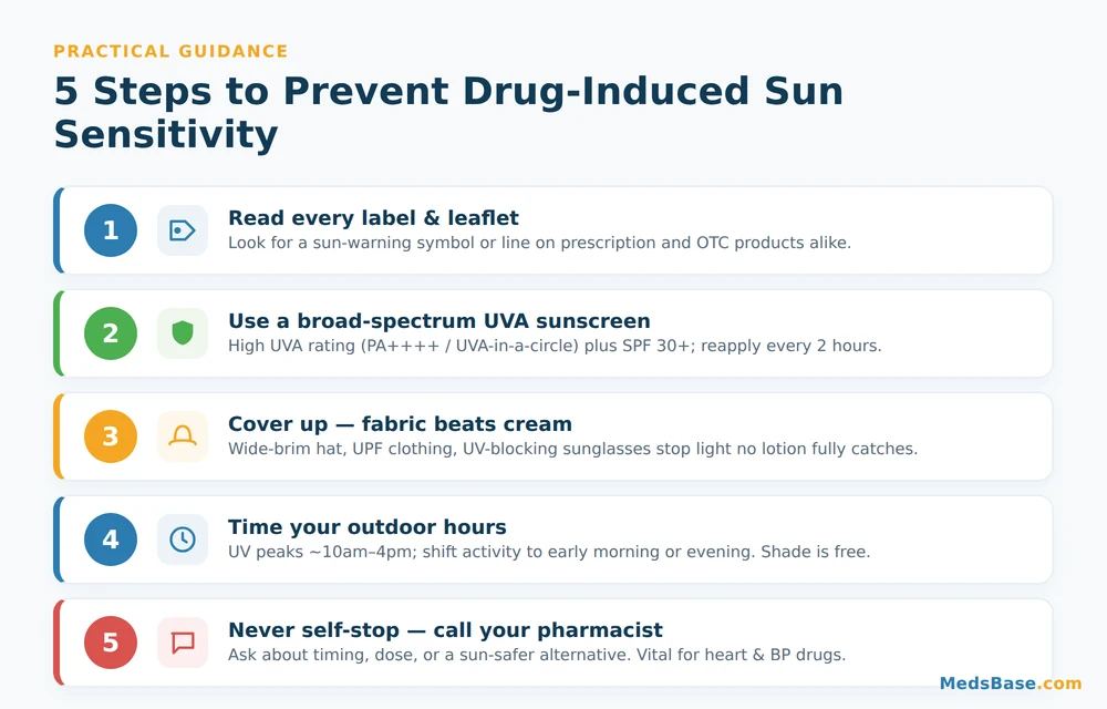 Five steps to prevent drug-induced sun sensitivity including broad-spectrum UVA sunscreen