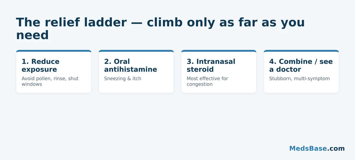 Seasonal allergy treatment ladder: avoidance, antihistamines, nasal steroids, doctor