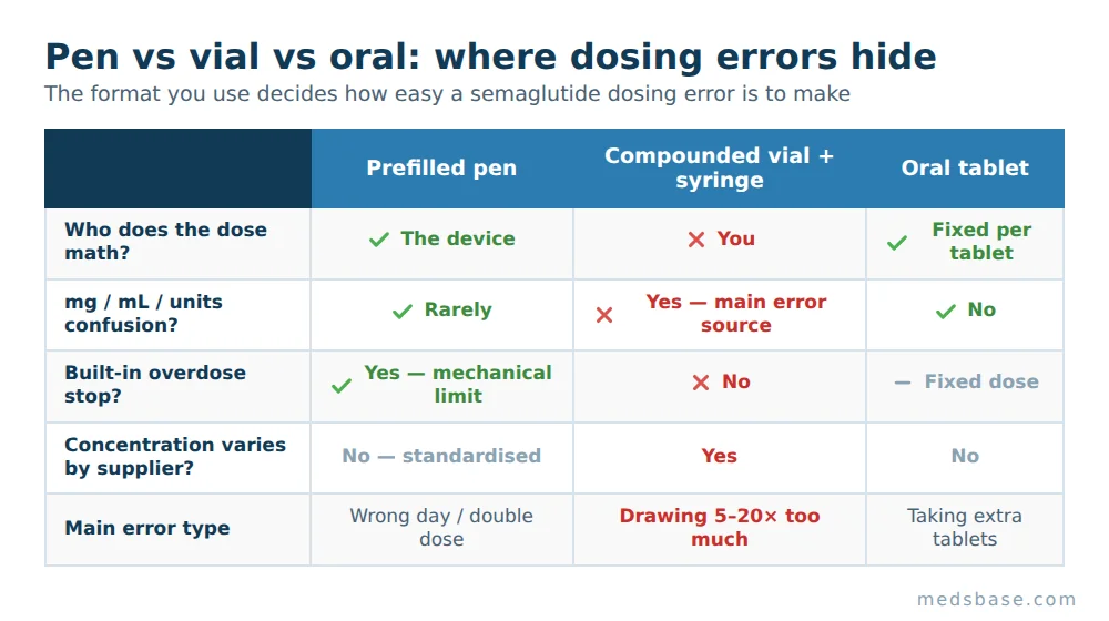 Comparison grid of semaglutide pen, compounded vial, and oral tablet dosing-error risk