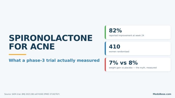 Key figures on spironolactone for acne from the SAFA phase-3 randomised trial of 410 women