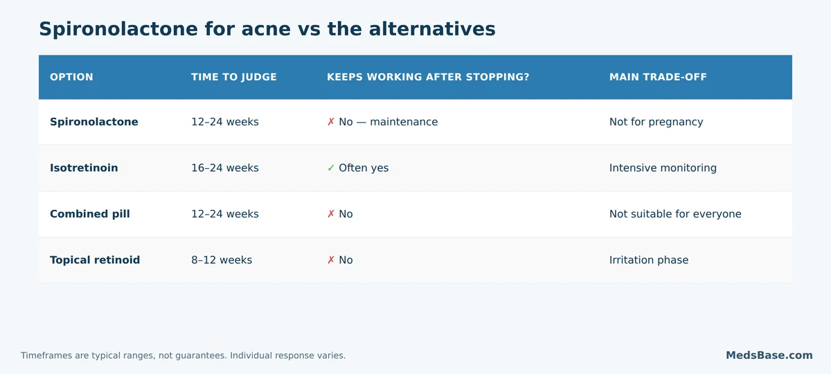 Comparison matrix of spironolactone, isotretinoin, the combined pill and topical retinoids for adult acne