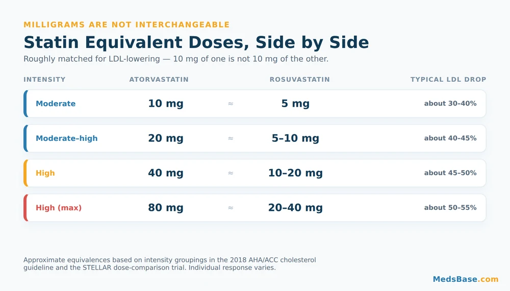 Chart of statin equivalent doses showing atorvastatin and rosuvastatin matched by intensity