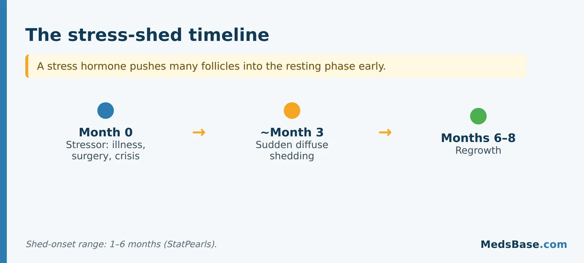 Stress hair-loss timeline: stressor at month 0, shedding around month 3, regrowth by months 6 to 8