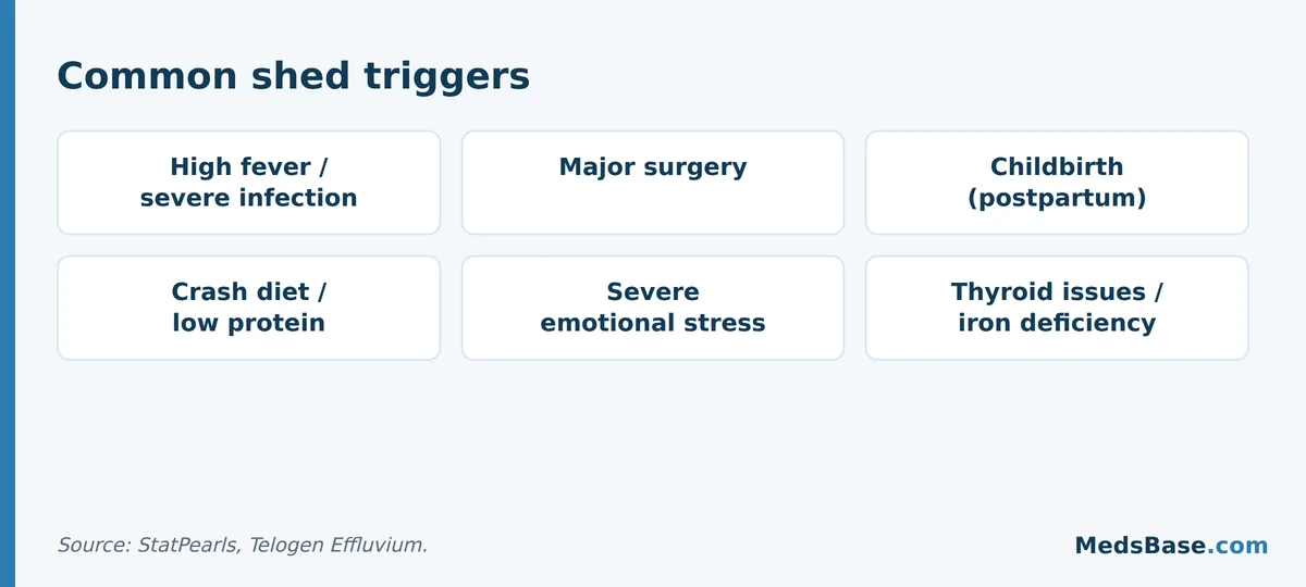 Common telogen effluvium triggers: illness, surgery, childbirth, crash dieting, stress, low iron