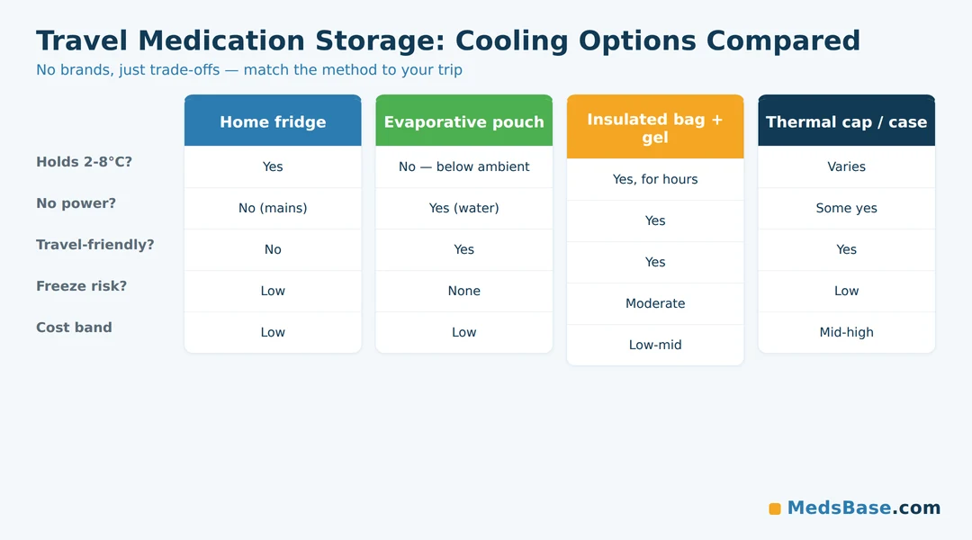 Comparison of medication cooling options for travel — fridge, cooling pouch, insulated bag, thermal cap