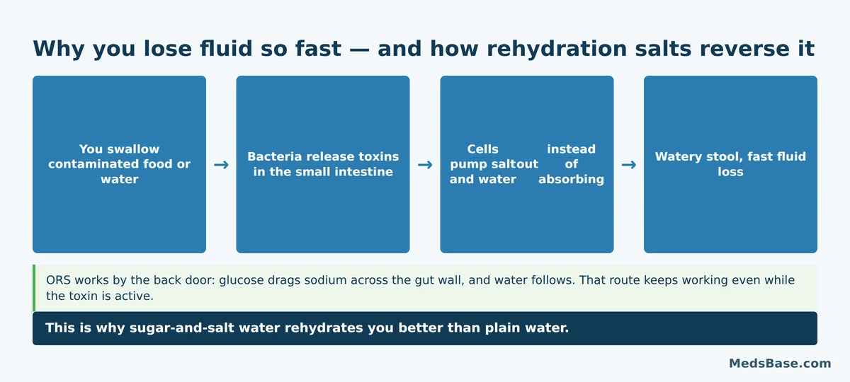 How bacterial toxins cause fluid loss in travelers diarrhea and how oral rehydration solution reverses it