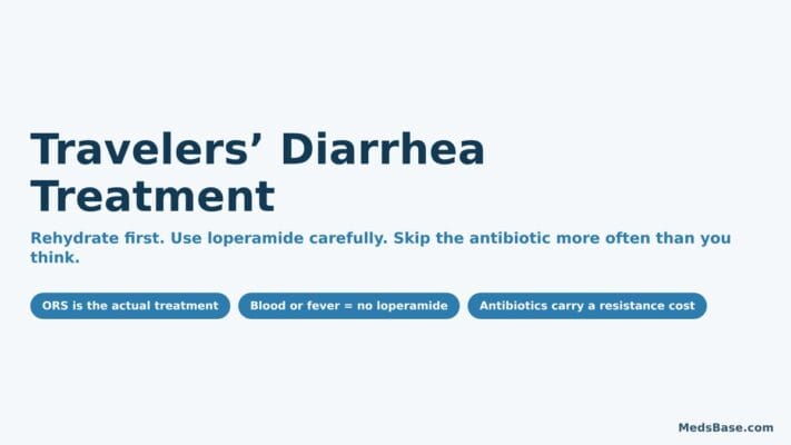 Travelers diarrhea treatment explained — rehydration first, safe loperamide use, and when antibiotics are worth it