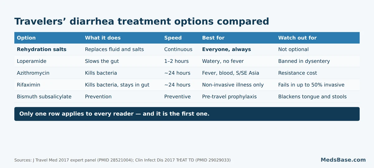 Comparison of travelers diarrhea treatment options including rehydration salts, loperamide, azithromycin and rifaximin