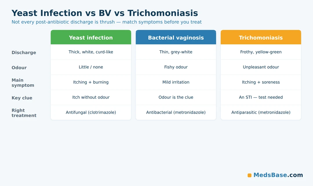 Yeast infection vs bacterial vaginosis vs trichomoniasis symptom comparison