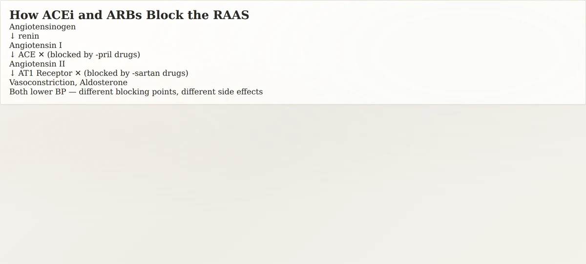 Diagram showing how ACE inhibitors and ARBs block different points in the renin-angiotensin-aldosterone system
