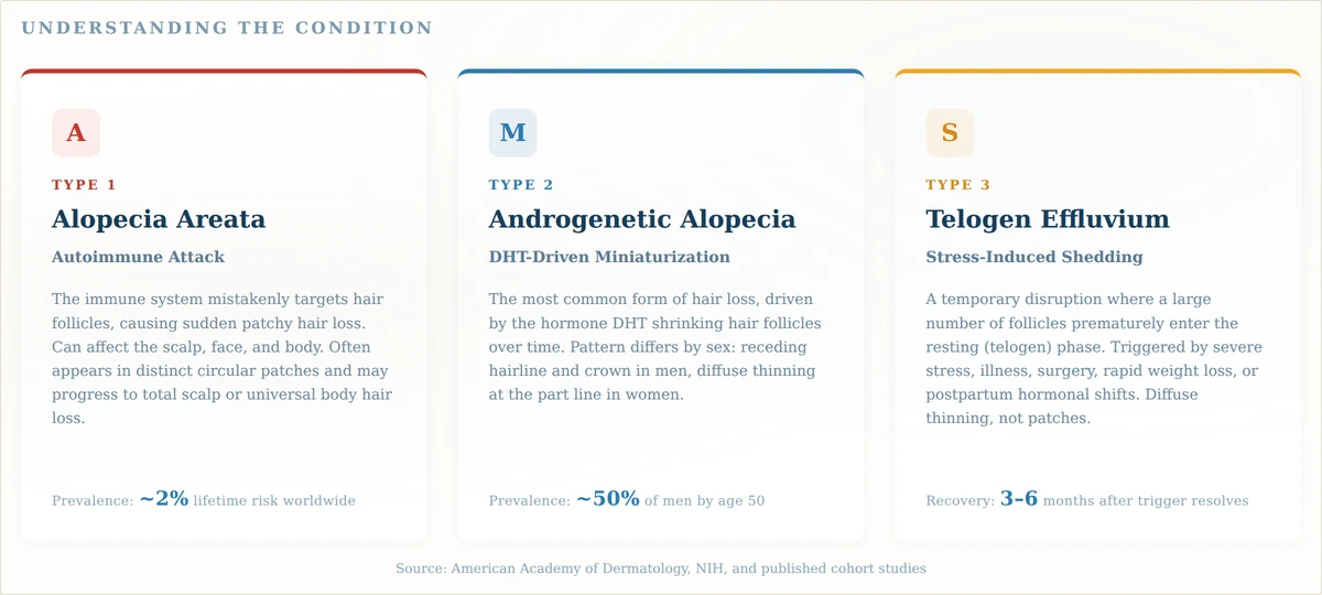 Three types of alopecia — areata autoimmune, androgenetic DHT-driven, telogen effluvium stress-induced