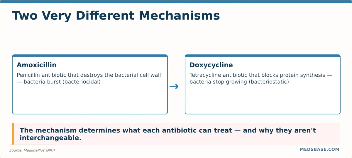 Amoxicillin cell wall vs doxycycline protein synthesis mechanism
