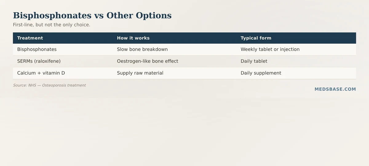 Bisphosphonates for osteoporosis compared with raloxifene and supplements