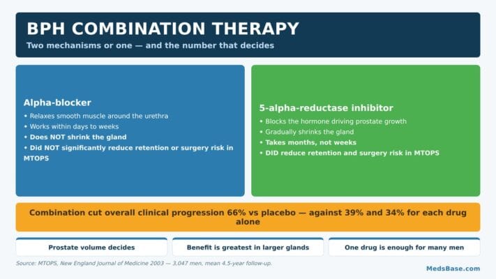 BPH combination therapy explained, comparing alpha-blocker and 5-alpha-reductase inhibitor mechanisms