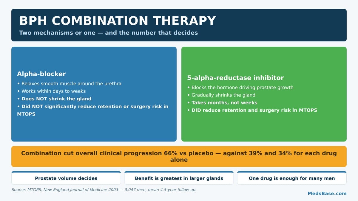 BPH combination therapy explained, comparing alpha-blocker and 5-alpha-reductase inhibitor mechanisms