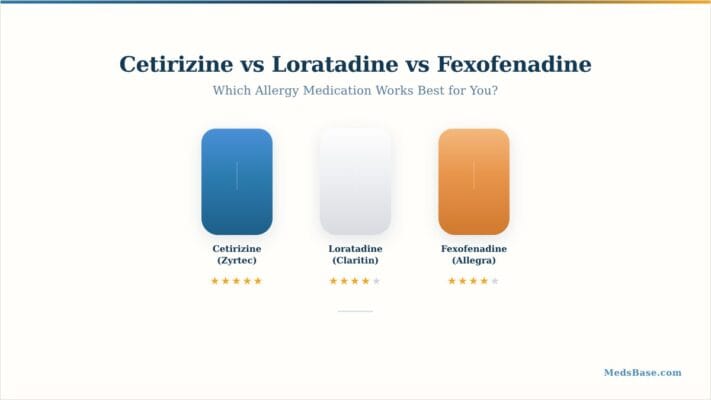 Cetirizine vs loratadine vs fexofenadine comparison — three second-generation antihistamines rated by strength, speed, and sedation