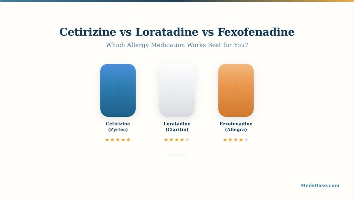 Cetirizine vs loratadine vs fexofenadine comparison — three second-generation antihistamines rated by strength, speed, and sedation