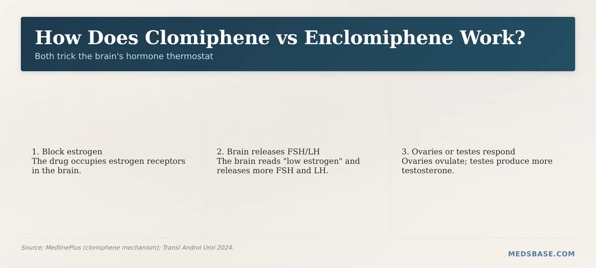 How clomiphene vs enclomiphene both raise FSH and LH through estrogen receptor blockade