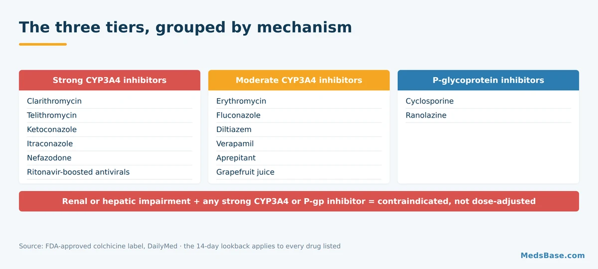 Three-tier grid of drugs that interact with colchicine, grouped by CYP3A4 and P-glycoprotein inhibition
