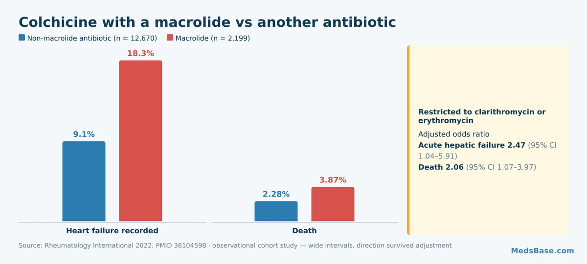 Chart comparing heart failure and death rates in patients taking colchicine with macrolide versus non-macrolide antibiotics