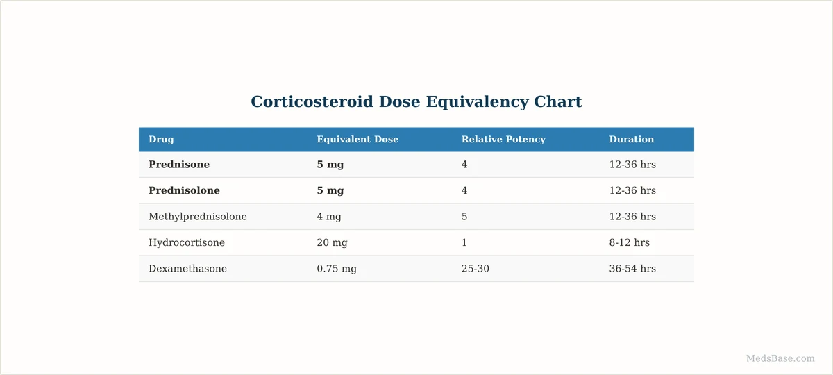 corticosteroid dose equivalency chart prednisone prednisolone comparison