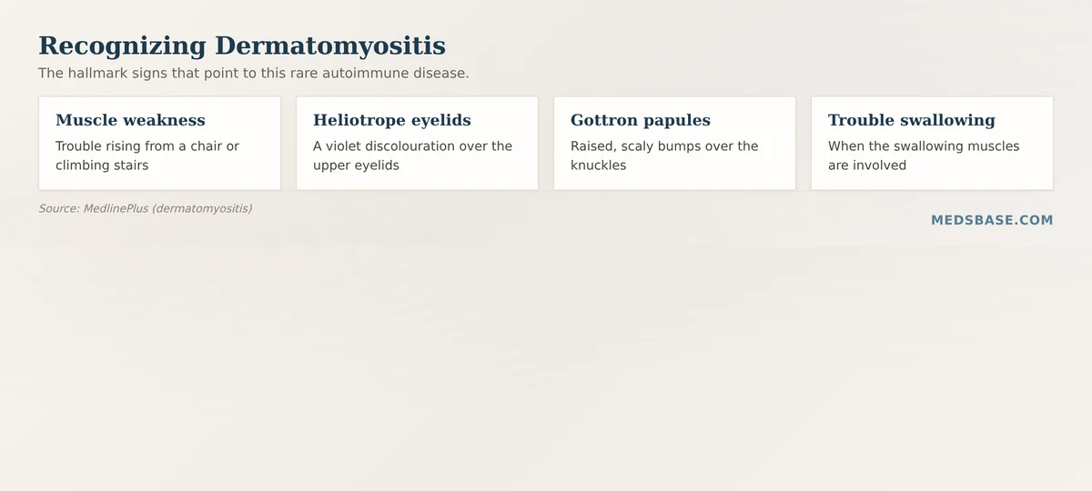 Dermatomyositis symptoms including muscle weakness and distinctive rashes