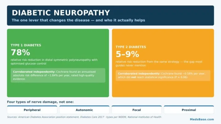 Diabetic neuropathy explained, showing how glucose control affects nerve damage risk in type 1 and type 2 diabetes