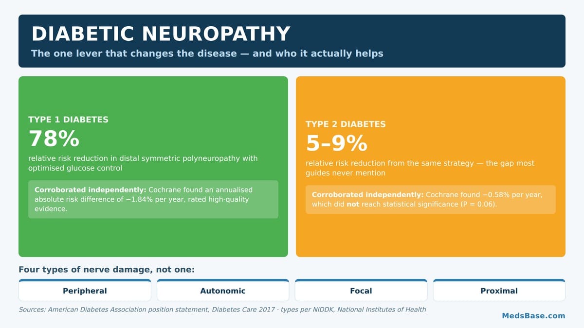 Diabetic neuropathy explained, showing how glucose control affects nerve damage risk in type 1 and type 2 diabetes