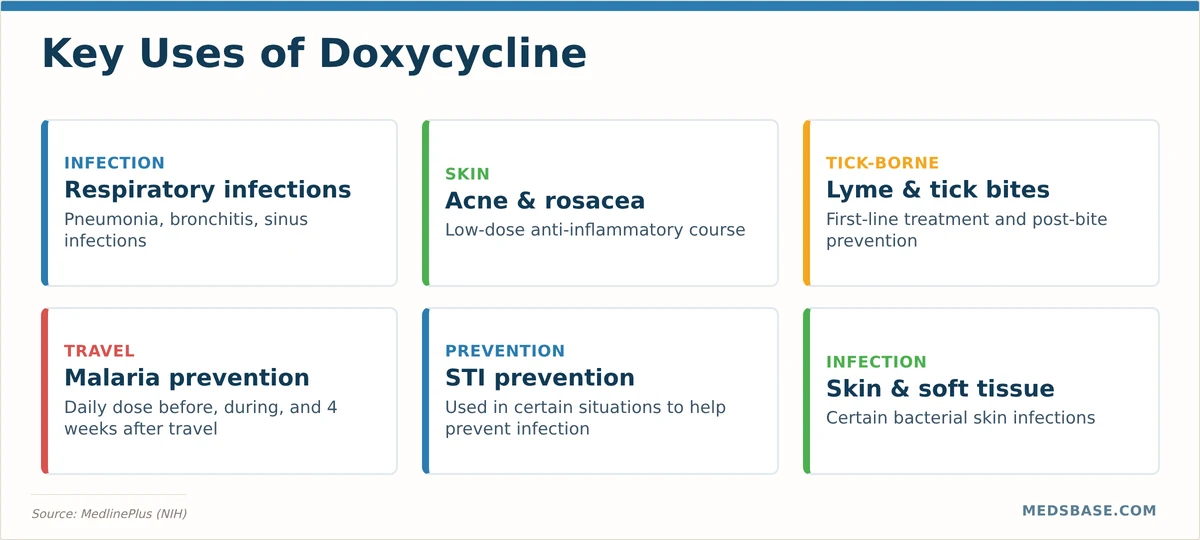 Doxycycline uses overview infographic covering respiratory, skin, Lyme, malaria, and STI indications