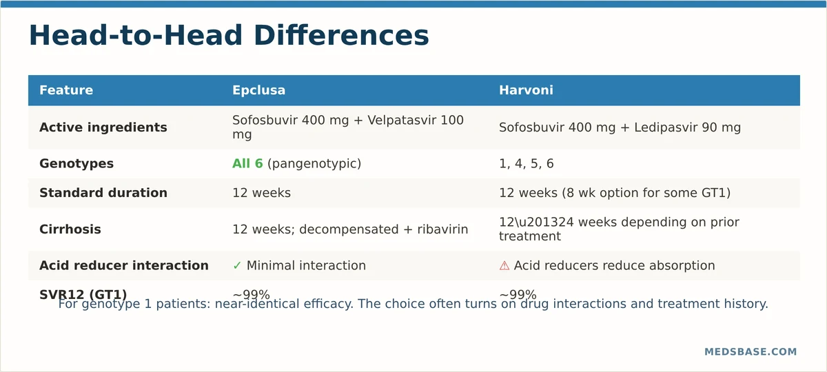 Epclusa vs Harvoni head-to-head comparison — genotype, duration, interactions, cost