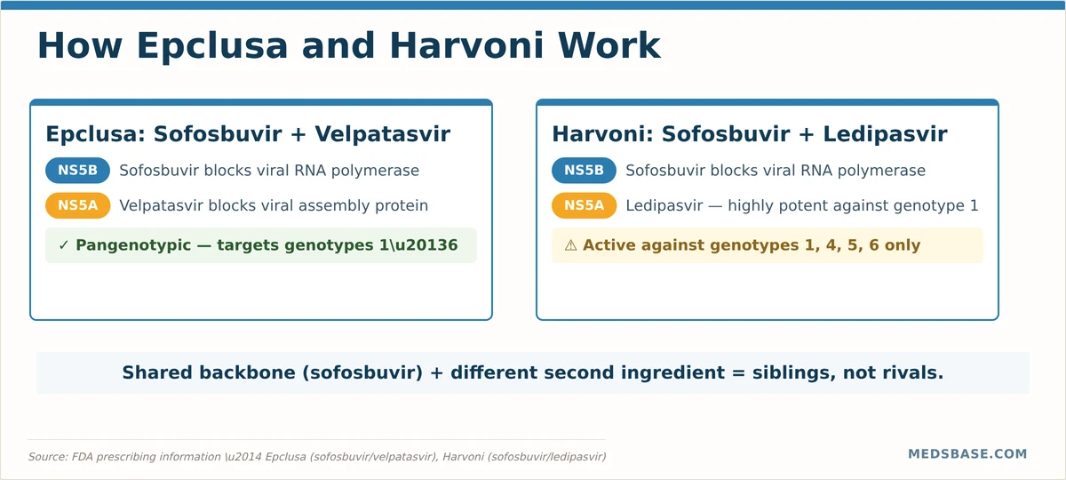 How Epclusa vs Harvoni work — sofosbuvir backbone with velpatasvir vs ledipasvir