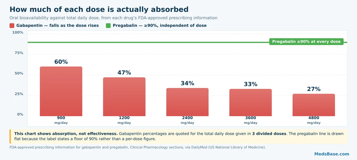 Chart comparing gabapentin and pregabalin oral bioavailability across five daily doses