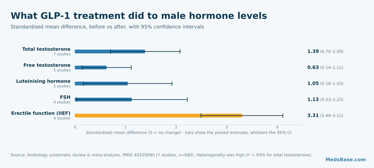 Chart of pooled effect sizes for testosterone, gonadotropins and erectile function after GLP-1 treatment