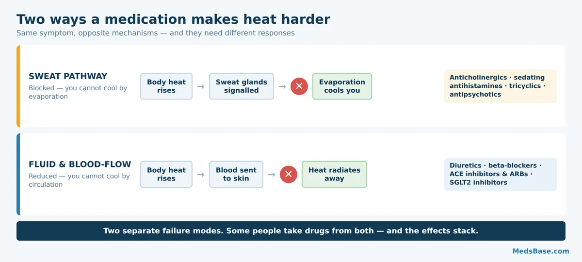 Diagram showing the two ways medications cause heat intolerance - blocked sweating and reduced blood flow