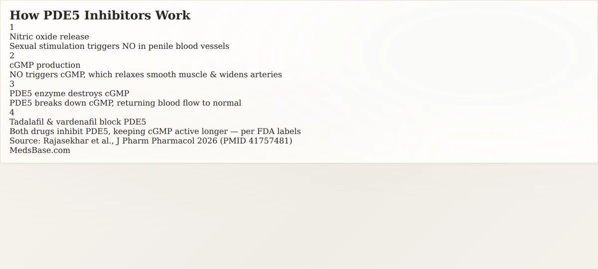 how PDE5 inhibitors tadalafil vardenafil work nitric oxide cGMP mechanism