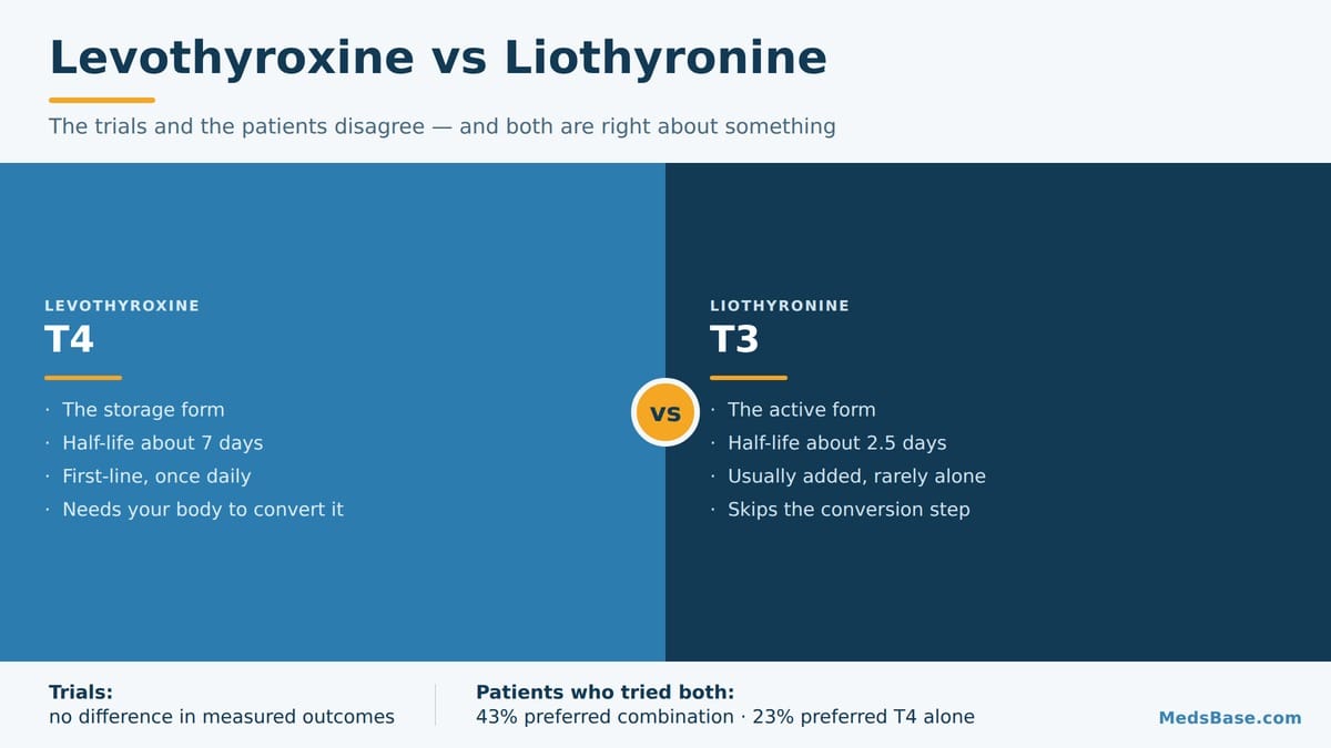 Levothyroxine vs liothyronine comparison card showing half-life, dosing and the trial versus patient-preference split
