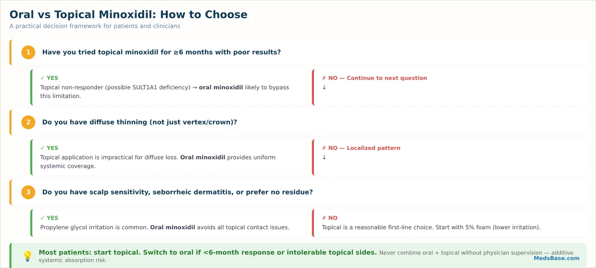 Oral minoxidil vs topical minoxidil decision framework flowchart