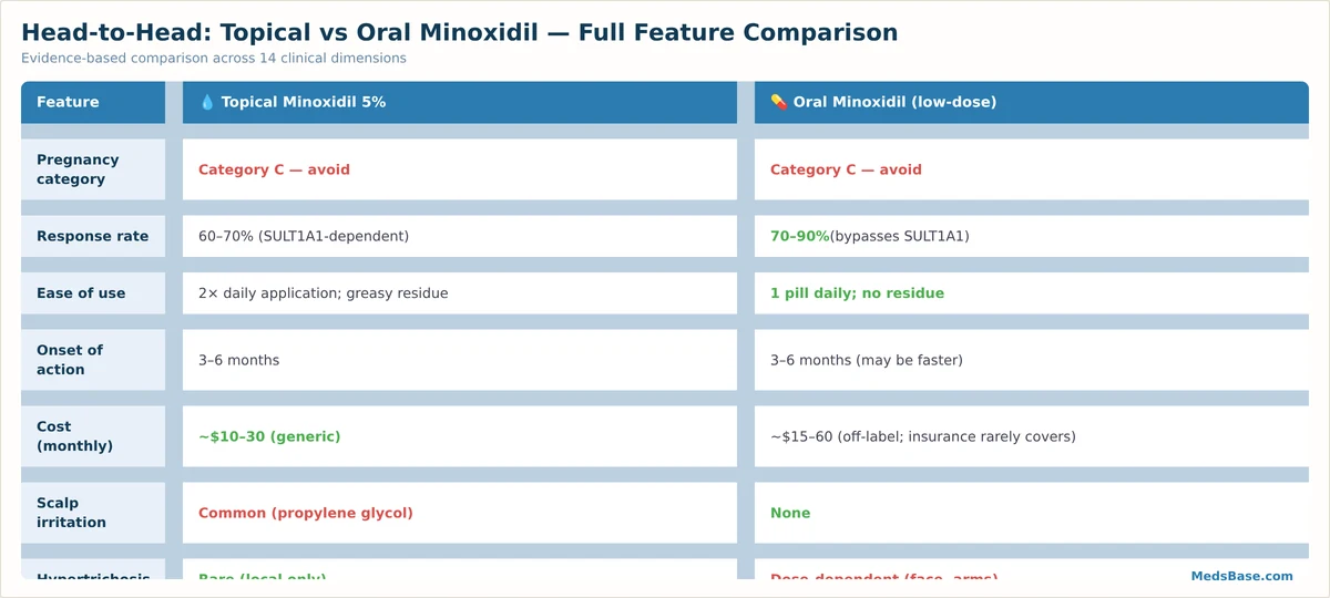Oral minoxidil vs topical minoxidil side by side comparison grid