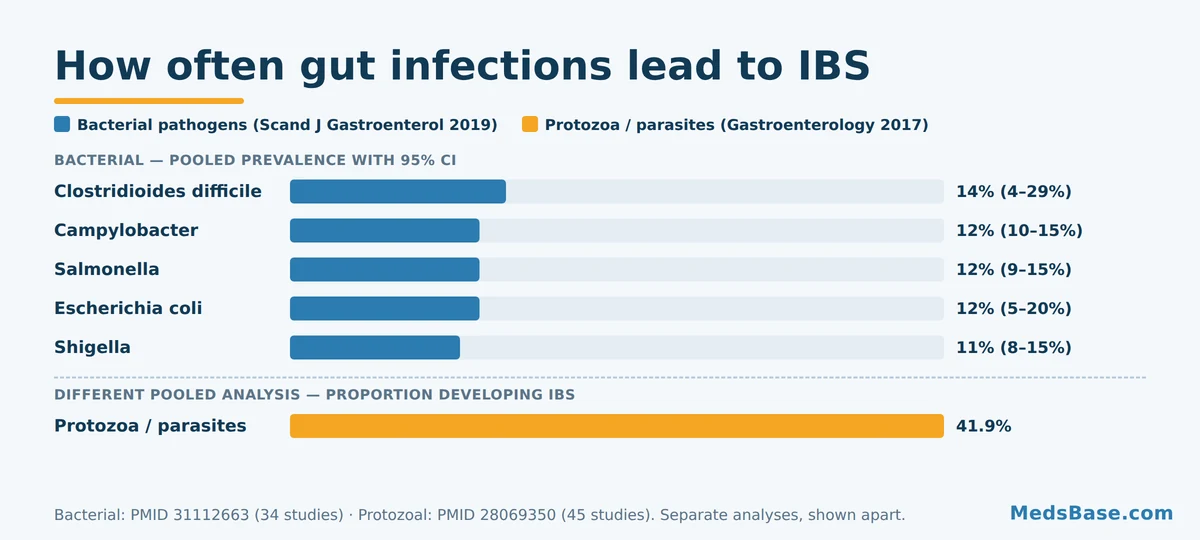 Chart of post-infectious IBS rates by pathogen including Campylobacter Salmonella and parasites