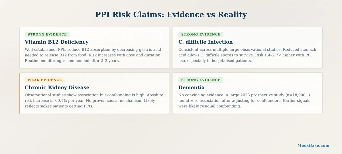 PPI long-term risks evidence strength kidney dementia bone fractures