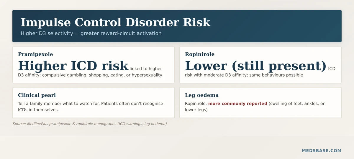 impulse control disorder risk pramipexole vs ropinirole D3 selectivity