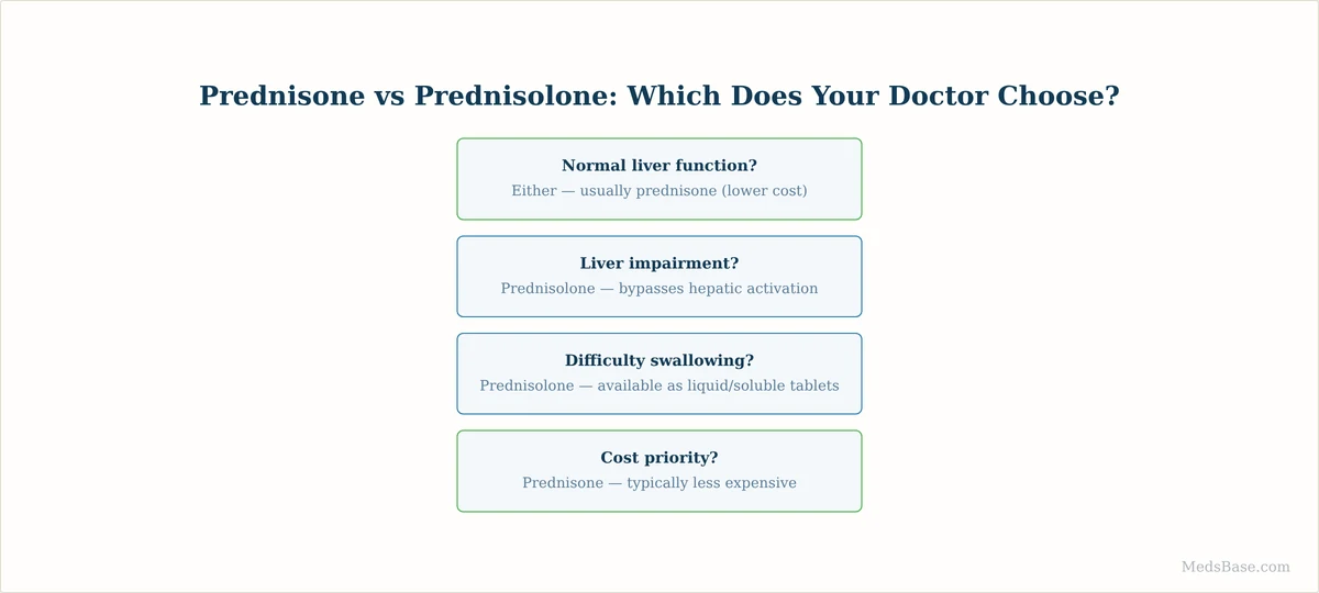 prednisone vs prednisolone decision flowchart when to use each