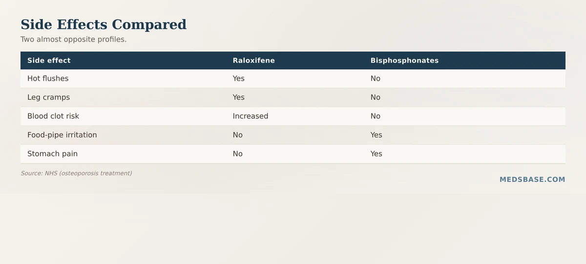 Raloxifene vs bisphosphonates side effects compared