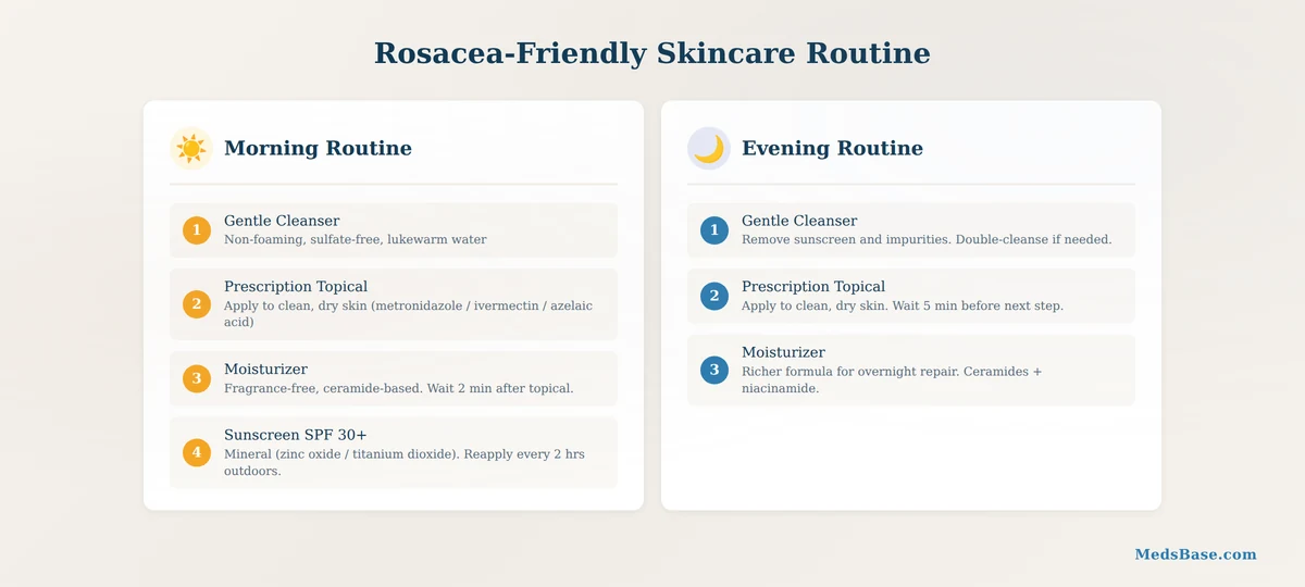 rosacea friendly skincare routine morning evening gentle products
