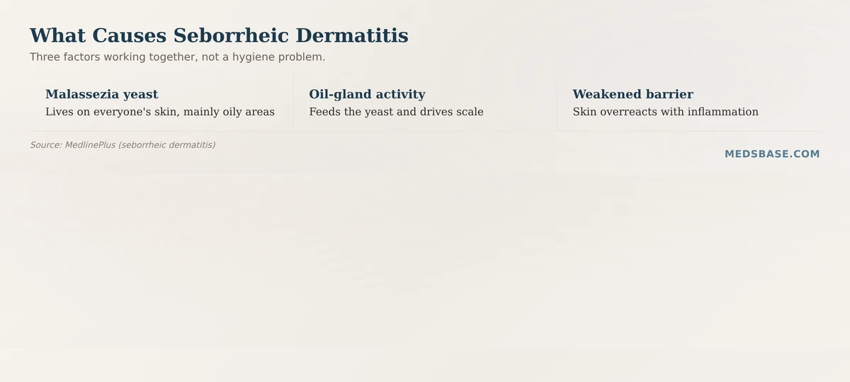 What causes seborrheic dermatitis — yeast, oil, and skin barrier factors