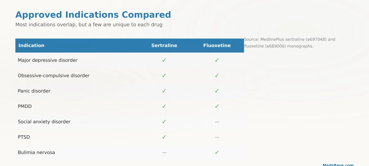 sertraline vs fluoxetine approved indications comparison