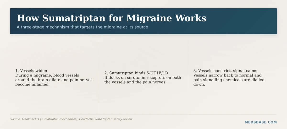 How sumatriptan for migraine works — three-stage mechanism of serotonin receptor activation