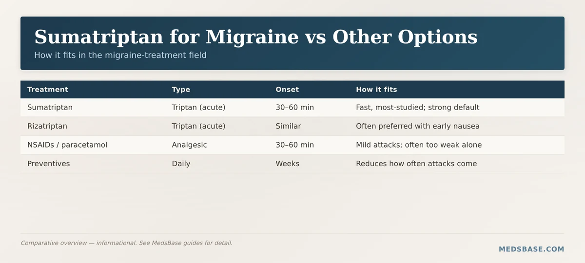 Sumatriptan for migraine compared with rizatriptan, analgesics, and preventive treatments